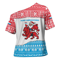Luxembourg Christmas Cross Shoulder Shirt with Santa Claus Red Lion Snowflake Pattern and National Flag Design - Wonder Print Shop