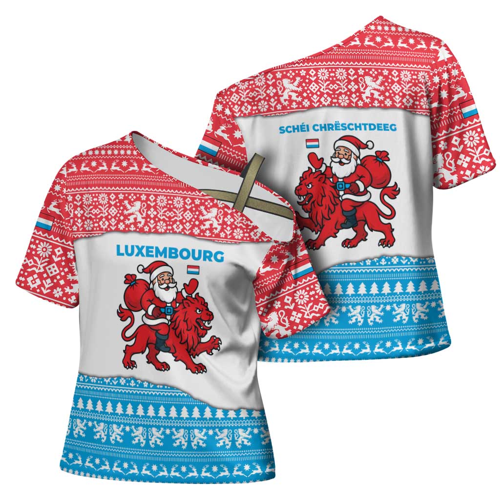 Luxembourg Christmas Cross Shoulder Shirt with Santa Claus Red Lion Snowflake Pattern and National Flag Design - Wonder Print Shop