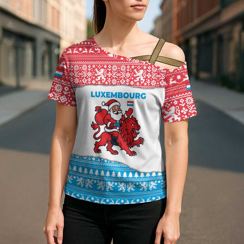 Luxembourg Christmas Cross Shoulder Shirt with Santa Claus Red Lion Snowflake Pattern and National Flag Design - Wonder Print Shop