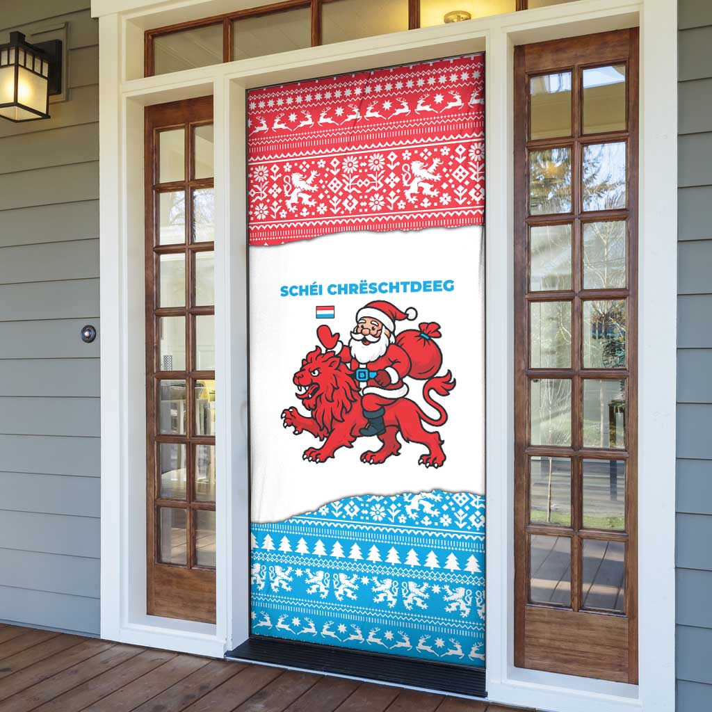 Luxembourg Christmas Door Cover with Santa Claus Red Lion Snowflake Pattern and National Flag Design - Wonder Print Shop