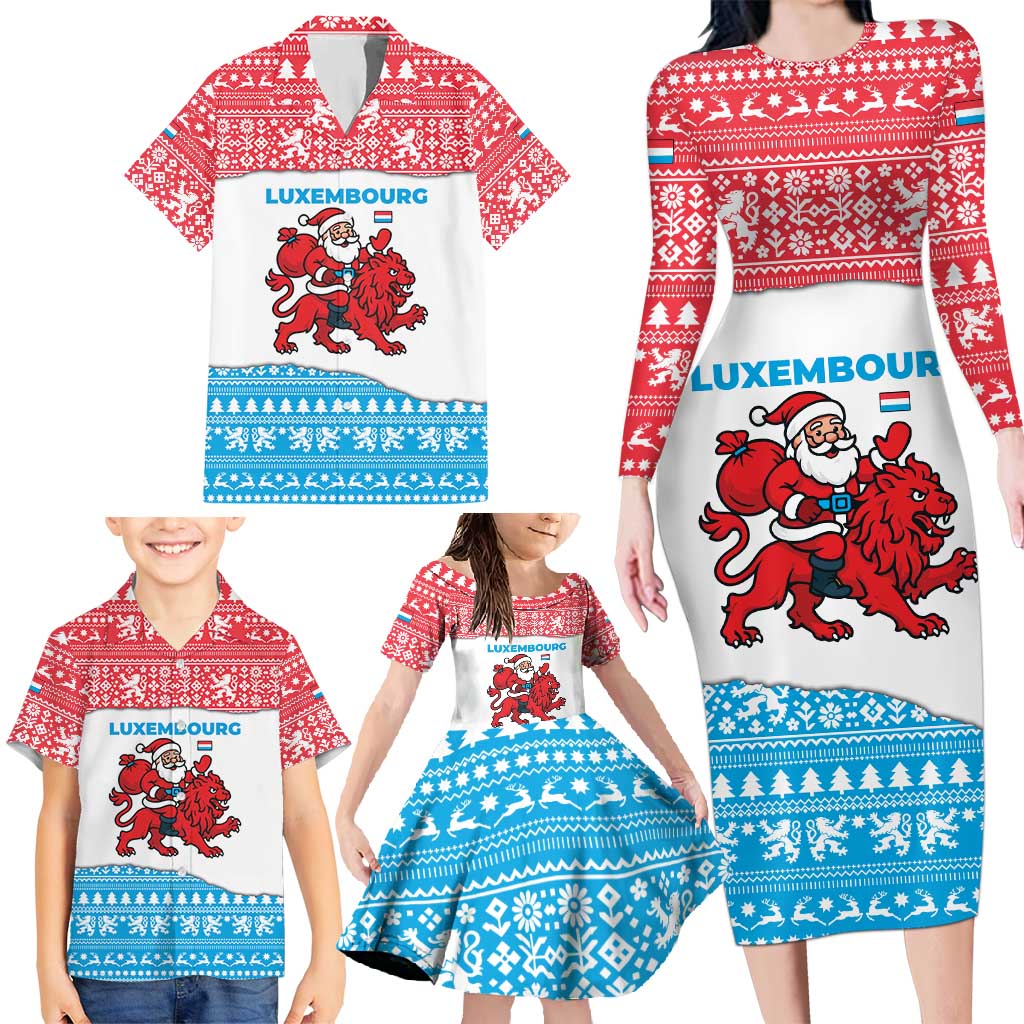Luxembourg Christmas Family Matching Long Sleeve Bodycon Dress and Hawaiian Shirt with Santa Claus Red Lion Snowflake Pattern and National Flag Design - Wonder Print Shop