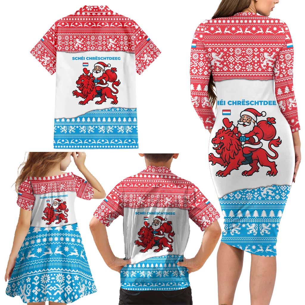 Luxembourg Christmas Family Matching Long Sleeve Bodycon Dress and Hawaiian Shirt with Santa Claus Red Lion Snowflake Pattern and National Flag Design - Wonder Print Shop