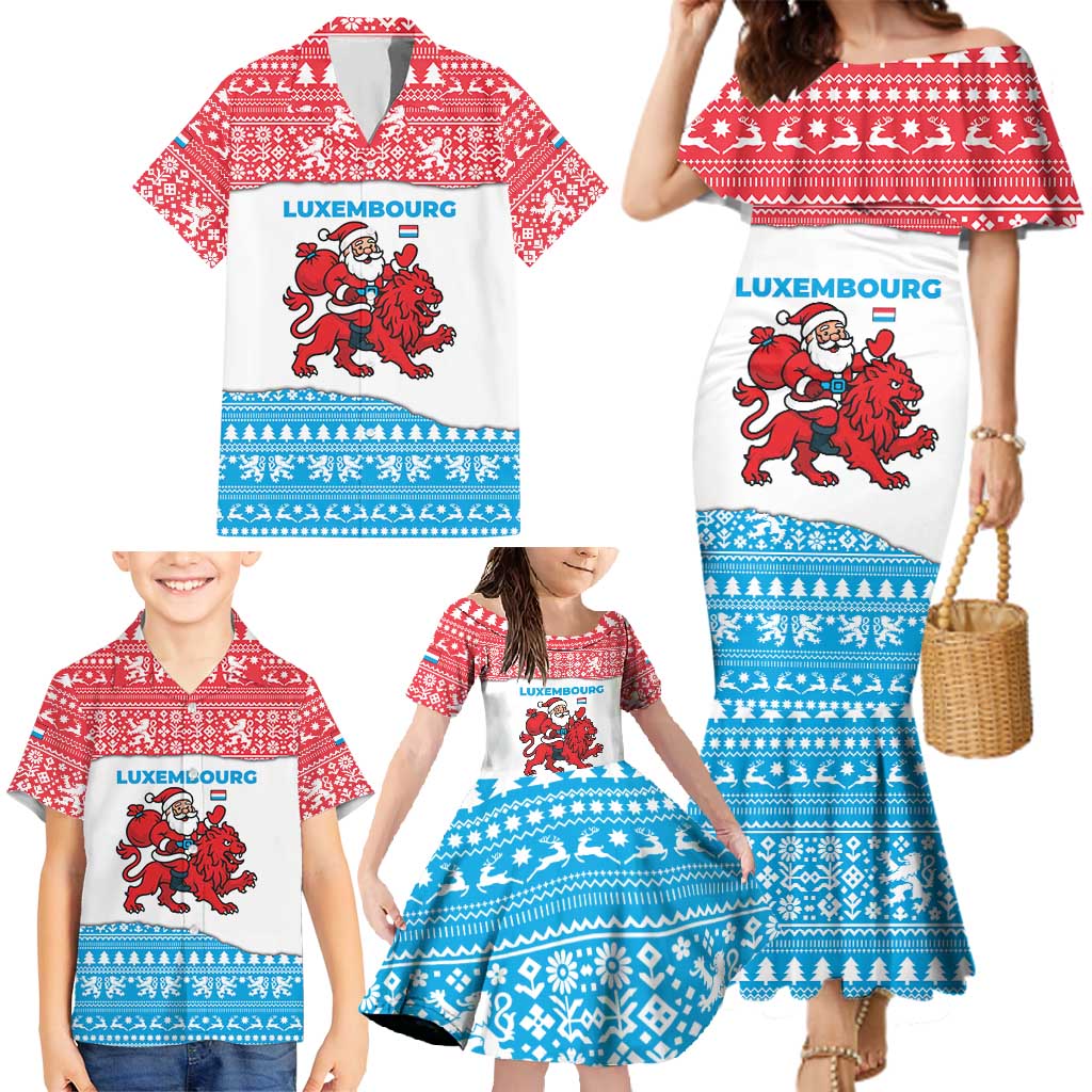 Luxembourg Christmas Family Matching Mermaid Dress and Hawaiian Shirt with Santa Claus Red Lion Snowflake Pattern and National Flag Design - Wonder Print Shop