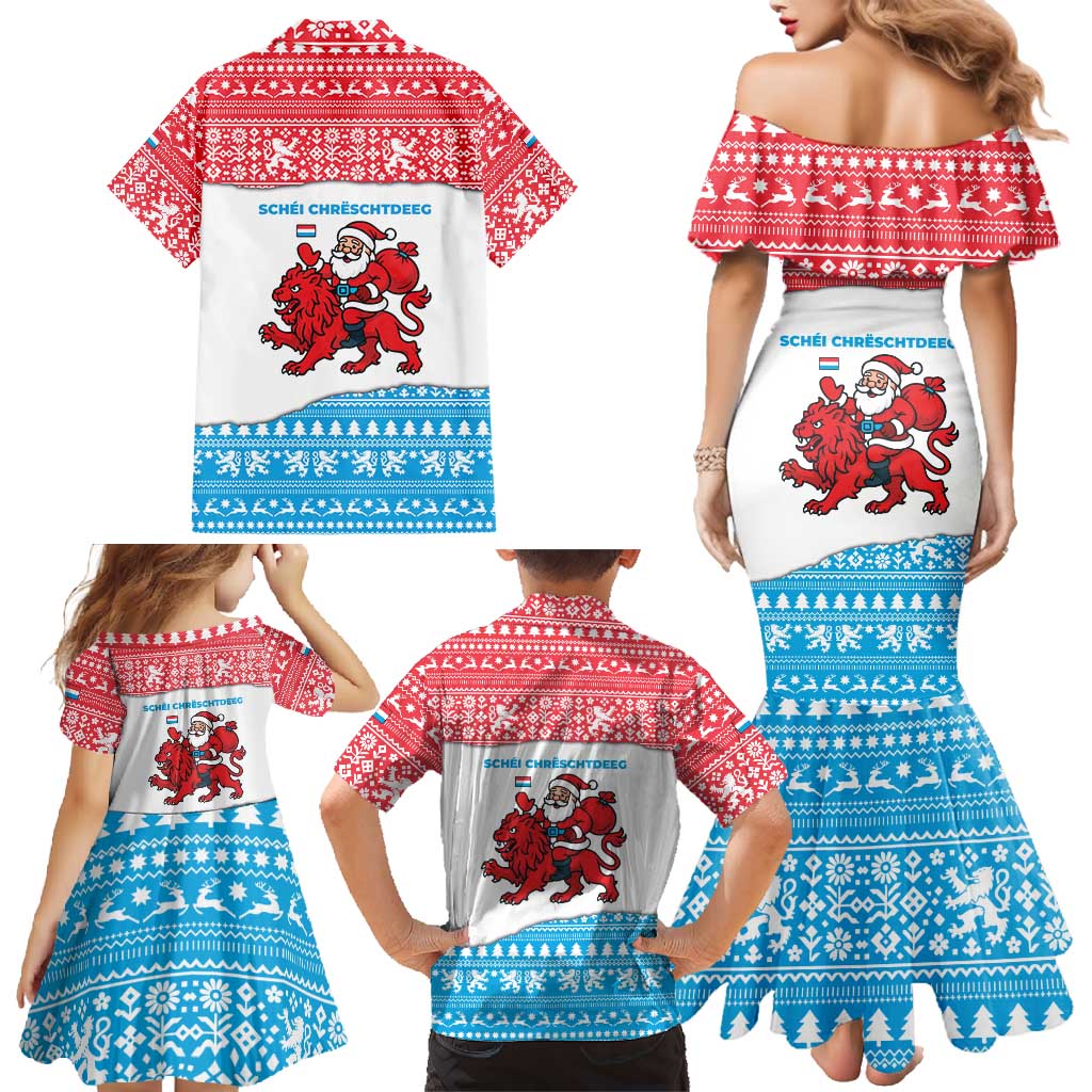Luxembourg Christmas Family Matching Mermaid Dress and Hawaiian Shirt with Santa Claus Red Lion Snowflake Pattern and National Flag Design - Wonder Print Shop
