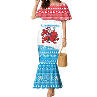 Luxembourg Christmas Family Matching Mermaid Dress and Hawaiian Shirt with Santa Claus Red Lion Snowflake Pattern and National Flag Design - Wonder Print Shop
