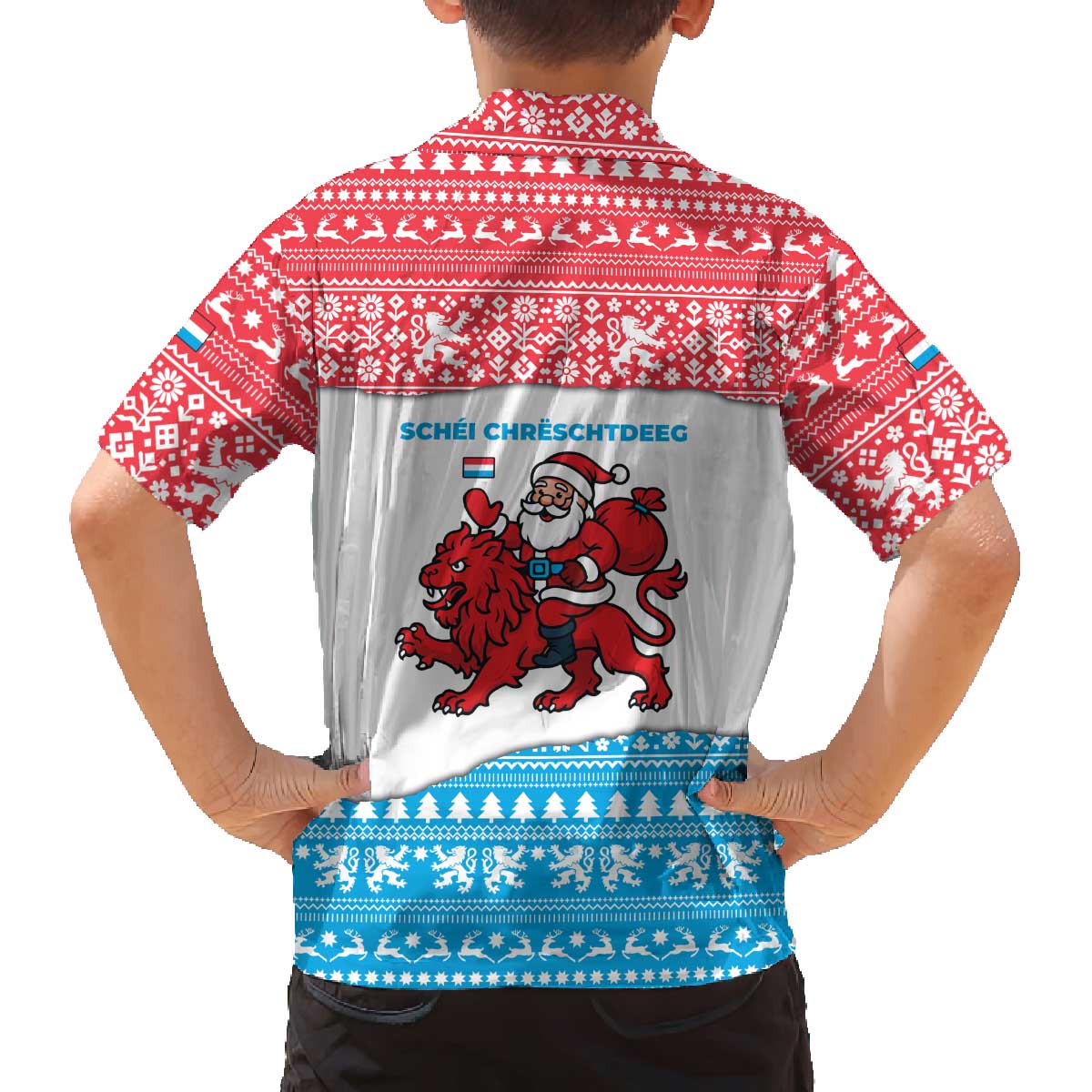 Luxembourg Christmas Family Matching Off The Shoulder Long Sleeve Dress and Hawaiian Shirt with Santa Claus Red Lion Snowflake Pattern and National Flag Design - Wonder Print Shop