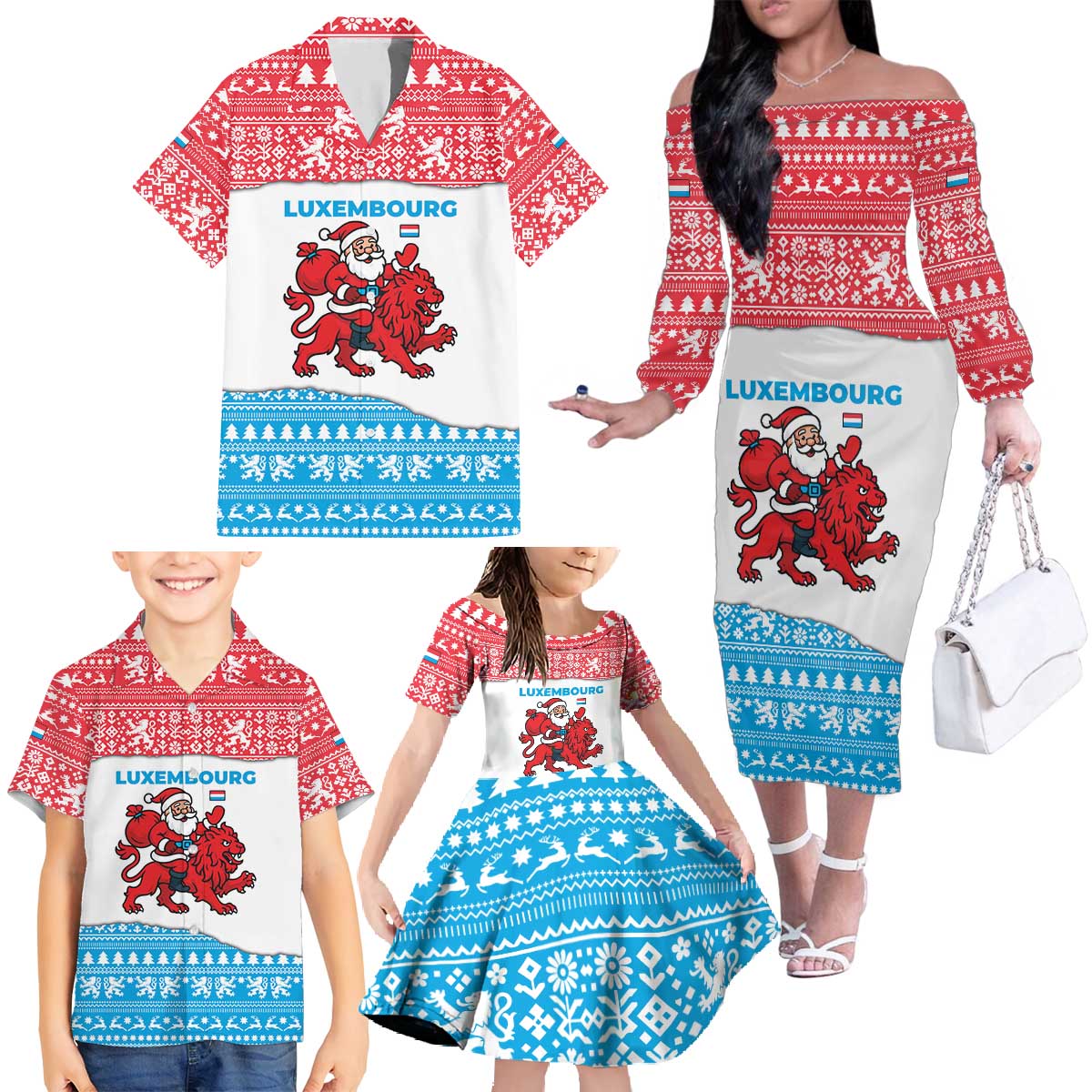 Luxembourg Christmas Family Matching Off The Shoulder Long Sleeve Dress and Hawaiian Shirt with Santa Claus Red Lion Snowflake Pattern and National Flag Design - Wonder Print Shop