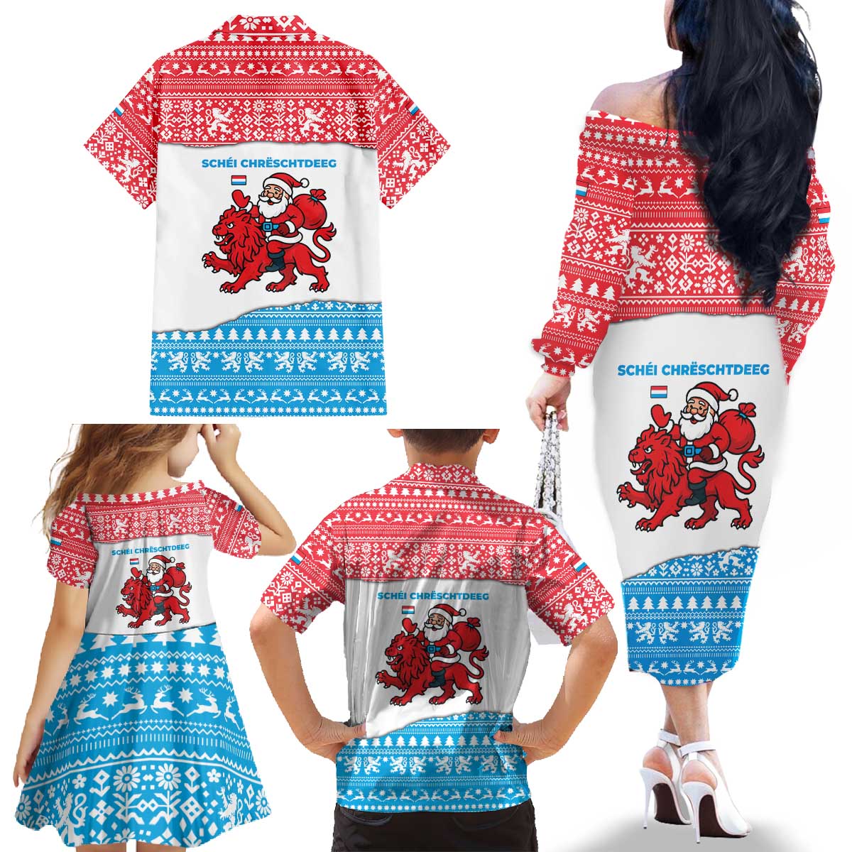 Luxembourg Christmas Family Matching Off The Shoulder Long Sleeve Dress and Hawaiian Shirt with Santa Claus Red Lion Snowflake Pattern and National Flag Design - Wonder Print Shop