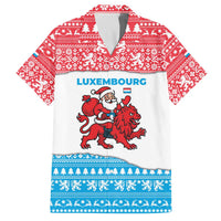 Luxembourg Christmas Family Matching Off The Shoulder Long Sleeve Dress and Hawaiian Shirt with Santa Claus Red Lion Snowflake Pattern and National Flag Design - Wonder Print Shop
