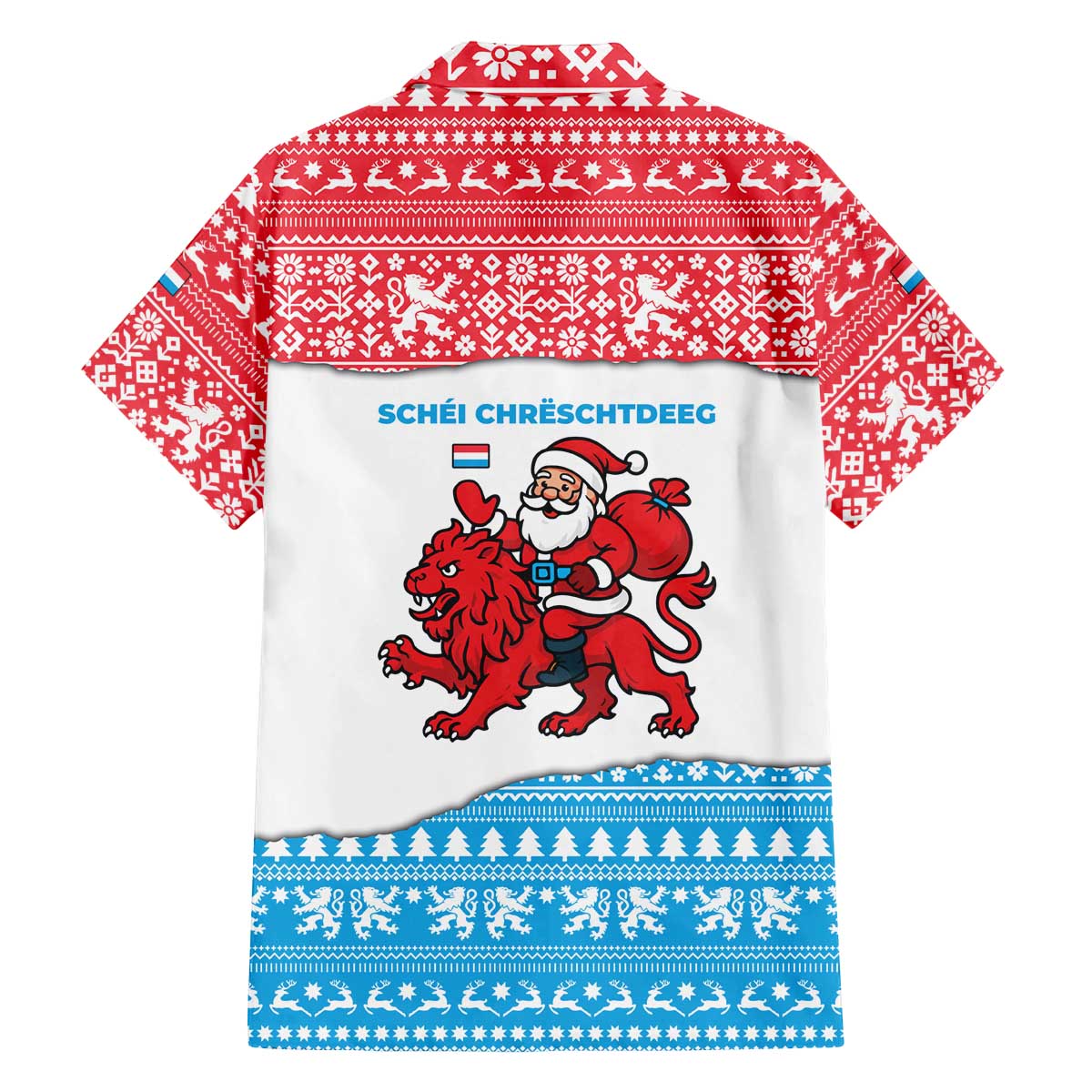 Luxembourg Christmas Family Matching Off The Shoulder Long Sleeve Dress and Hawaiian Shirt with Santa Claus Red Lion Snowflake Pattern and National Flag Design - Wonder Print Shop