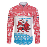 Luxembourg Christmas Family Matching Off The Shoulder Long Sleeve Dress and Hawaiian Shirt with Santa Claus Red Lion Snowflake Pattern and National Flag Design - Wonder Print Shop