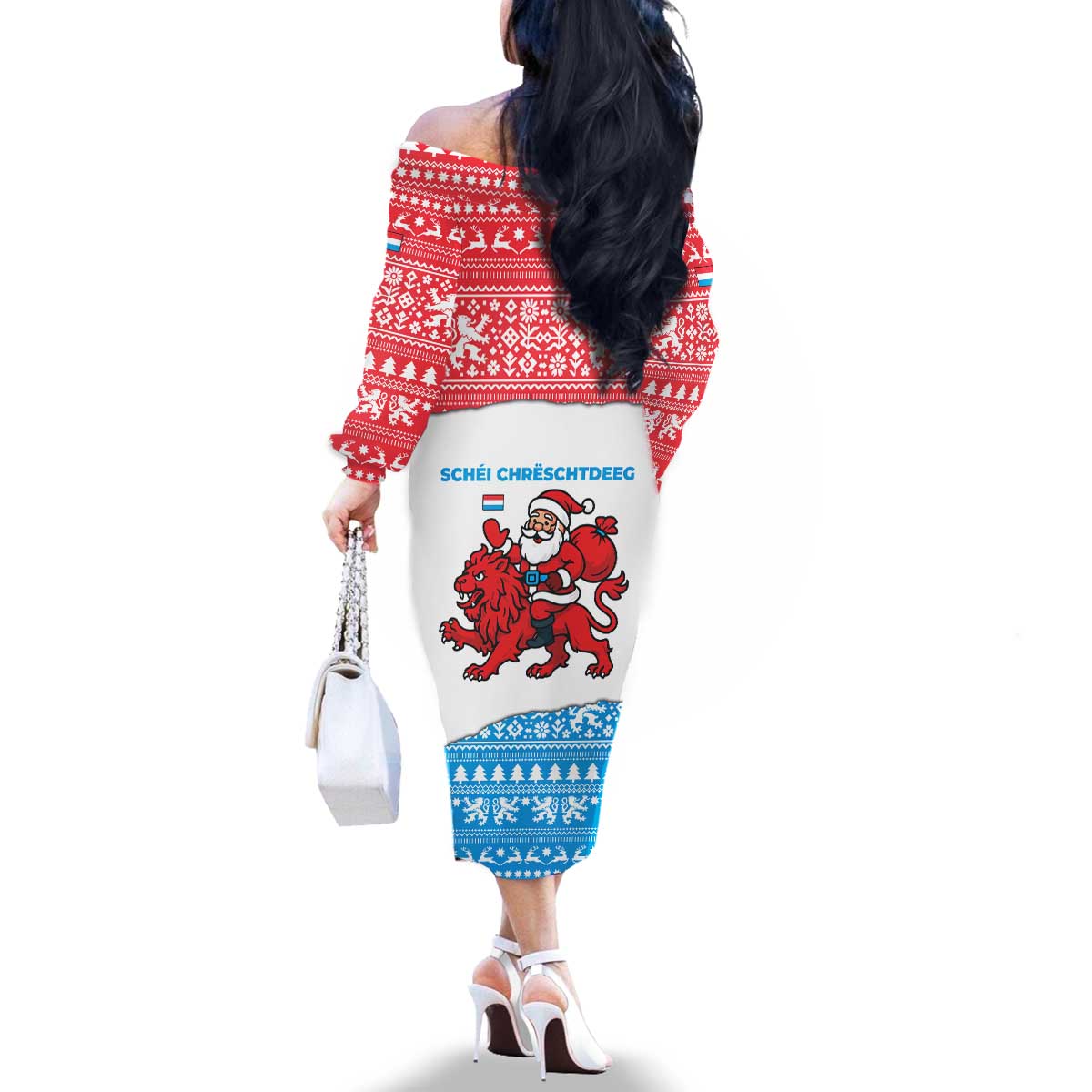 Luxembourg Christmas Family Matching Off The Shoulder Long Sleeve Dress and Hawaiian Shirt with Santa Claus Red Lion Snowflake Pattern and National Flag Design - Wonder Print Shop