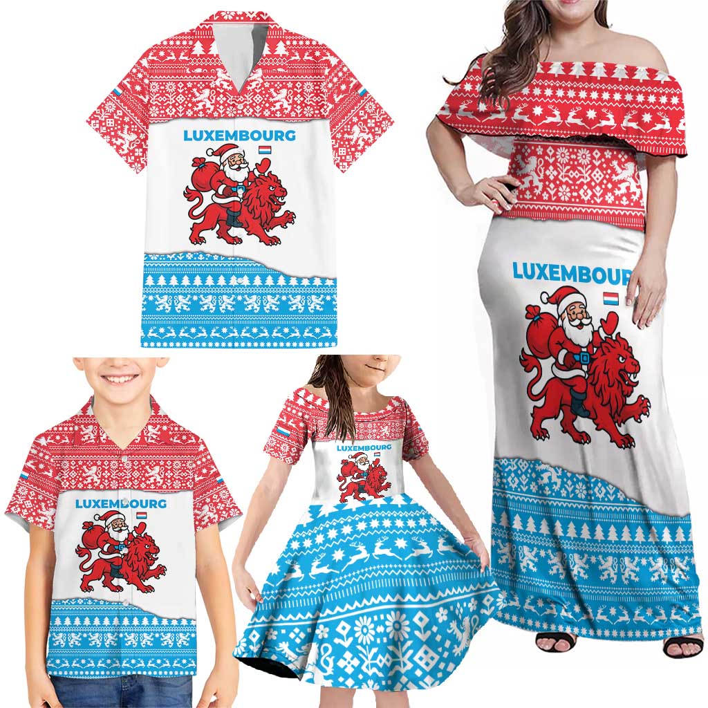 Luxembourg Christmas Family Matching Off Shoulder Maxi Dress and Hawaiian Shirt with Santa Claus Red Lion Snowflake Pattern and National Flag Design - Wonder Print Shop