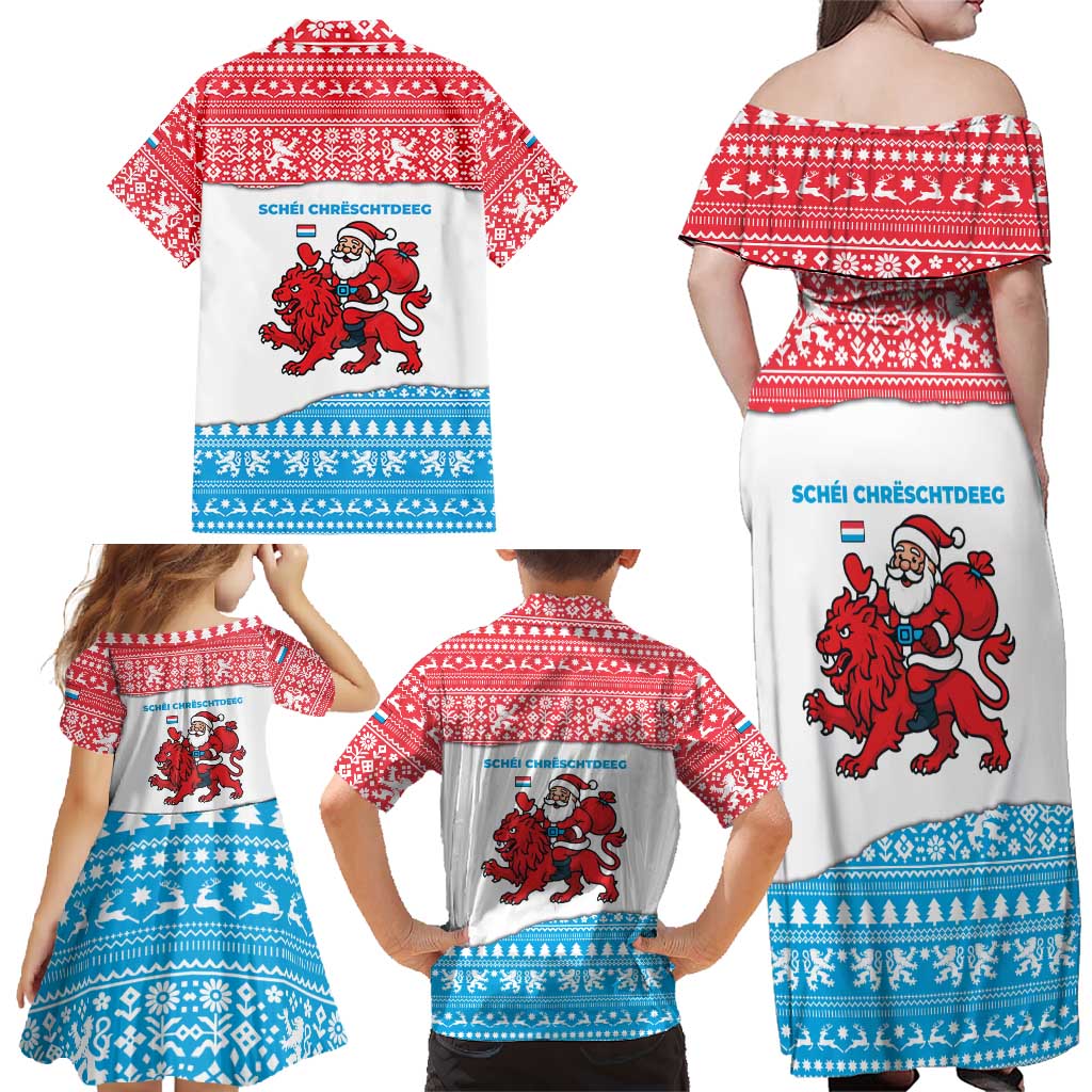 Luxembourg Christmas Family Matching Off Shoulder Maxi Dress and Hawaiian Shirt with Santa Claus Red Lion Snowflake Pattern and National Flag Design - Wonder Print Shop