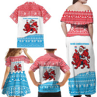 Luxembourg Christmas Family Matching Off Shoulder Maxi Dress and Hawaiian Shirt with Santa Claus Red Lion Snowflake Pattern and National Flag Design - Wonder Print Shop