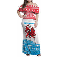 Luxembourg Christmas Family Matching Off Shoulder Maxi Dress and Hawaiian Shirt with Santa Claus Red Lion Snowflake Pattern and National Flag Design - Wonder Print Shop