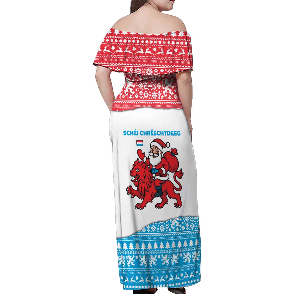 Luxembourg Christmas Family Matching Off Shoulder Maxi Dress and Hawaiian Shirt with Santa Claus Red Lion Snowflake Pattern and National Flag Design - Wonder Print Shop