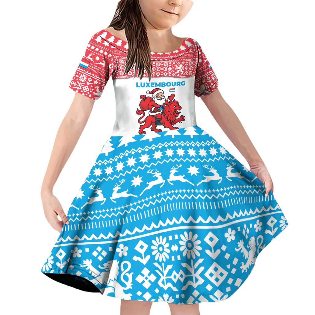 Luxembourg Christmas Family Matching Off Shoulder Short Dress and Hawaiian Shirt with Santa Claus Red Lion Snowflake Pattern and National Flag Design - Wonder Print Shop
