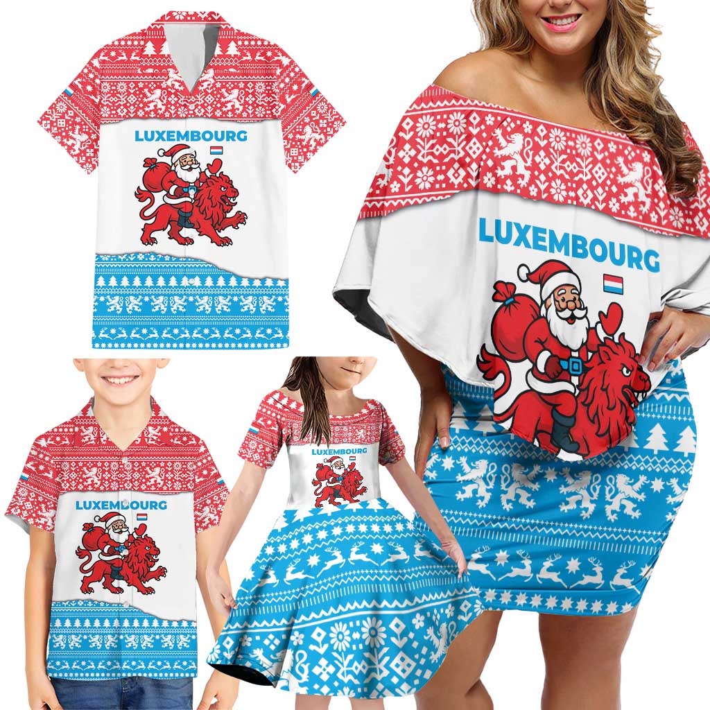 Luxembourg Christmas Family Matching Off Shoulder Short Dress and Hawaiian Shirt with Santa Claus Red Lion Snowflake Pattern and National Flag Design - Wonder Print Shop