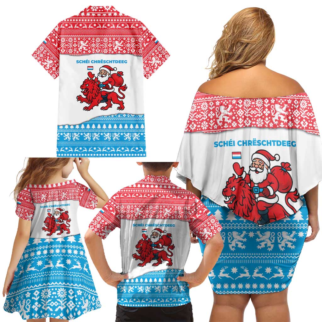 Luxembourg Christmas Family Matching Off Shoulder Short Dress and Hawaiian Shirt with Santa Claus Red Lion Snowflake Pattern and National Flag Design - Wonder Print Shop