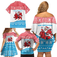 Luxembourg Christmas Family Matching Off Shoulder Short Dress and Hawaiian Shirt with Santa Claus Red Lion Snowflake Pattern and National Flag Design - Wonder Print Shop