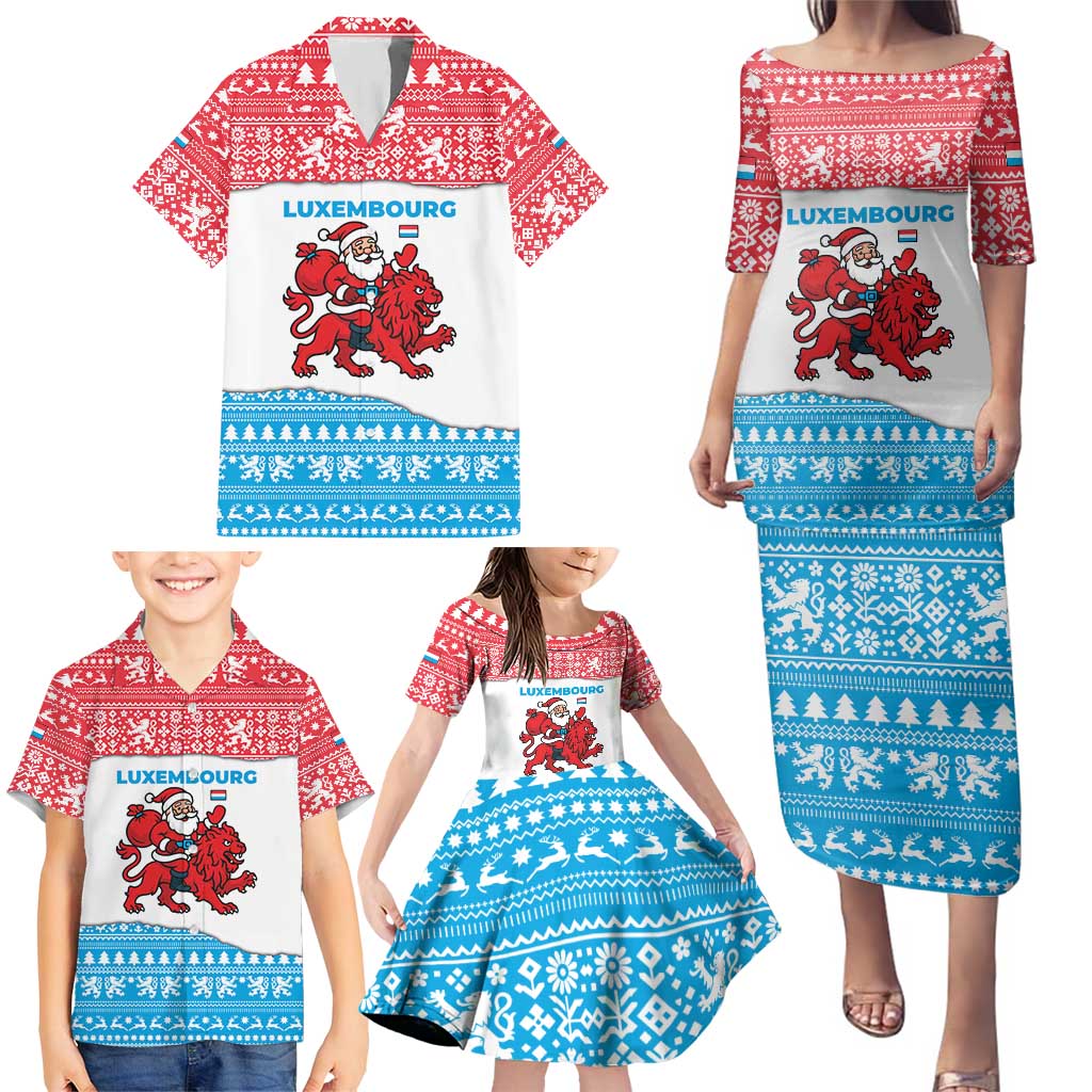 Luxembourg Christmas Family Matching Puletasi and Hawaiian Shirt with Santa Claus Red Lion Snowflake Pattern and National Flag Design - Wonder Print Shop