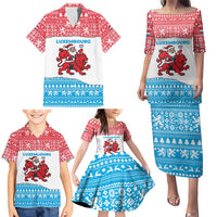 Luxembourg Christmas Family Matching Puletasi and Hawaiian Shirt with Santa Claus Red Lion Snowflake Pattern and National Flag Design - Wonder Print Shop