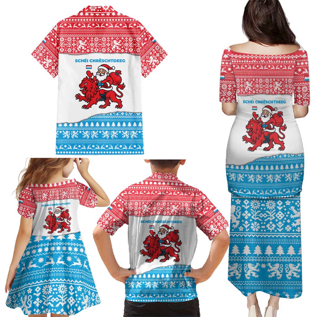 Luxembourg Christmas Family Matching Puletasi and Hawaiian Shirt with Santa Claus Red Lion Snowflake Pattern and National Flag Design - Wonder Print Shop