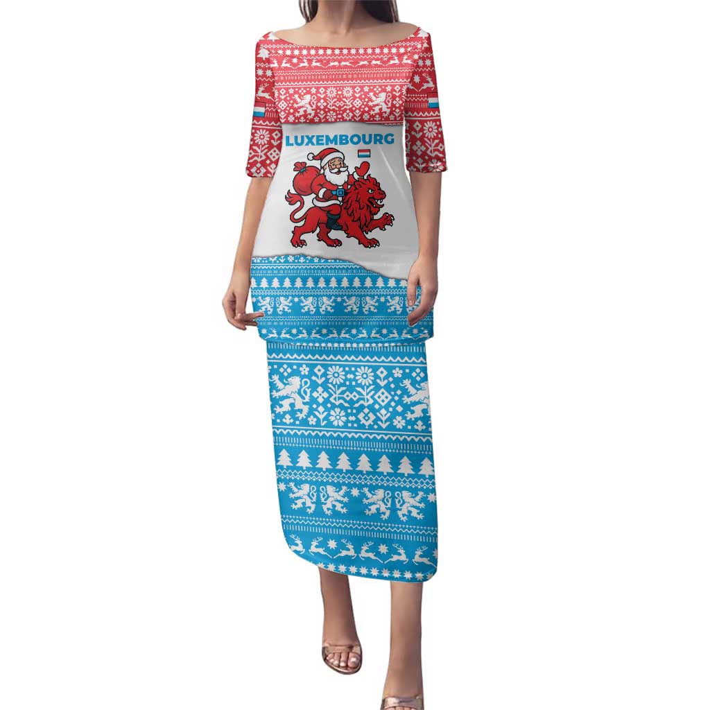 Luxembourg Christmas Family Matching Puletasi and Hawaiian Shirt with Santa Claus Red Lion Snowflake Pattern and National Flag Design - Wonder Print Shop