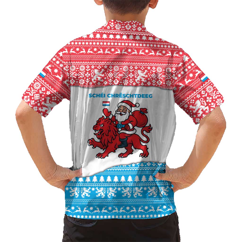 Luxembourg Christmas Family Matching Short Sleeve Bodycon Dress and Hawaiian Shirt with Santa Claus Red Lion Snowflake Pattern and National Flag Design - Wonder Print Shop