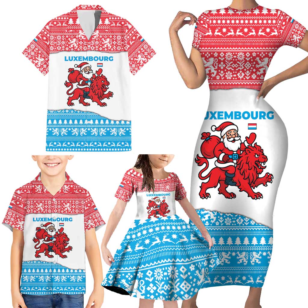 Luxembourg Christmas Family Matching Short Sleeve Bodycon Dress and Hawaiian Shirt with Santa Claus Red Lion Snowflake Pattern and National Flag Design - Wonder Print Shop