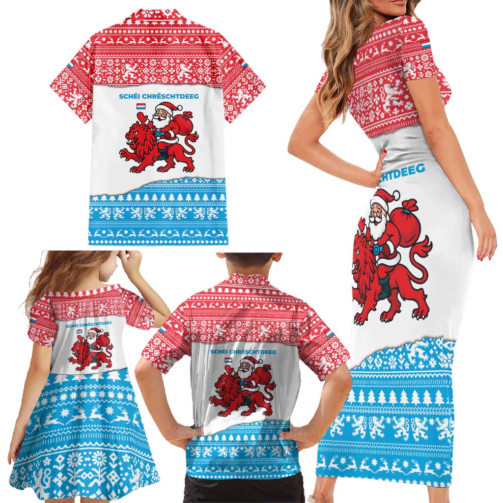 Luxembourg Christmas Family Matching Short Sleeve Bodycon Dress and Hawaiian Shirt with Santa Claus Red Lion Snowflake Pattern and National Flag Design - Wonder Print Shop