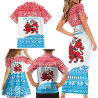 Luxembourg Christmas Family Matching Short Sleeve Bodycon Dress and Hawaiian Shirt with Santa Claus Red Lion Snowflake Pattern and National Flag Design - Wonder Print Shop