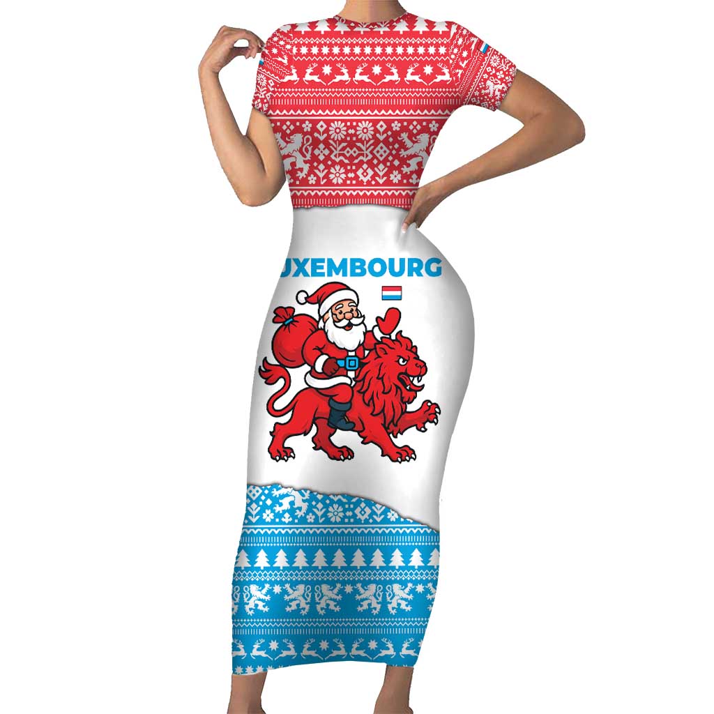 Luxembourg Christmas Family Matching Short Sleeve Bodycon Dress and Hawaiian Shirt with Santa Claus Red Lion Snowflake Pattern and National Flag Design - Wonder Print Shop