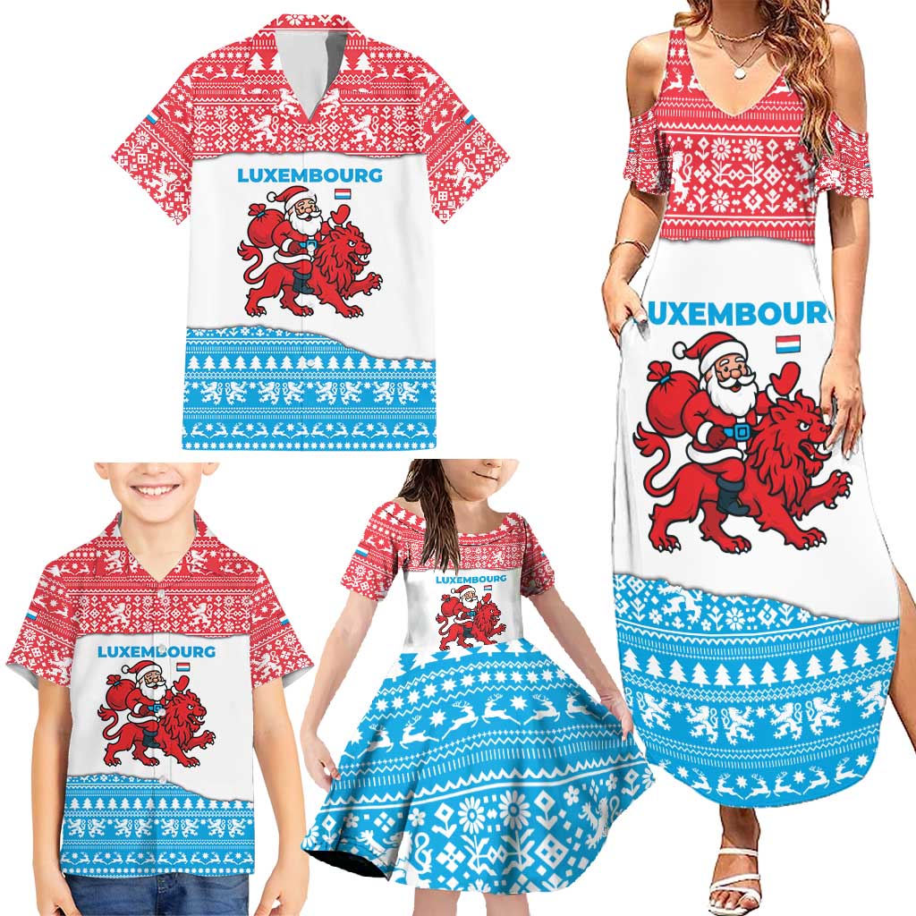 Luxembourg Christmas Family Matching Summer Maxi Dress and Hawaiian Shirt with Santa Claus Red Lion Snowflake Pattern and National Flag Design - Wonder Print Shop