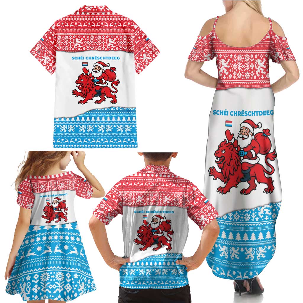 Luxembourg Christmas Family Matching Summer Maxi Dress and Hawaiian Shirt with Santa Claus Red Lion Snowflake Pattern and National Flag Design - Wonder Print Shop