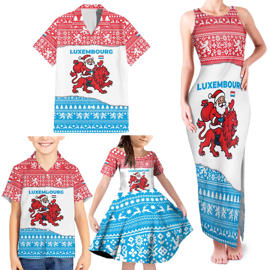 Luxembourg Christmas Family Matching Tank Maxi Dress and Hawaiian Shirt with Santa Claus Red Lion Snowflake Pattern and National Flag Design - Wonder Print Shop