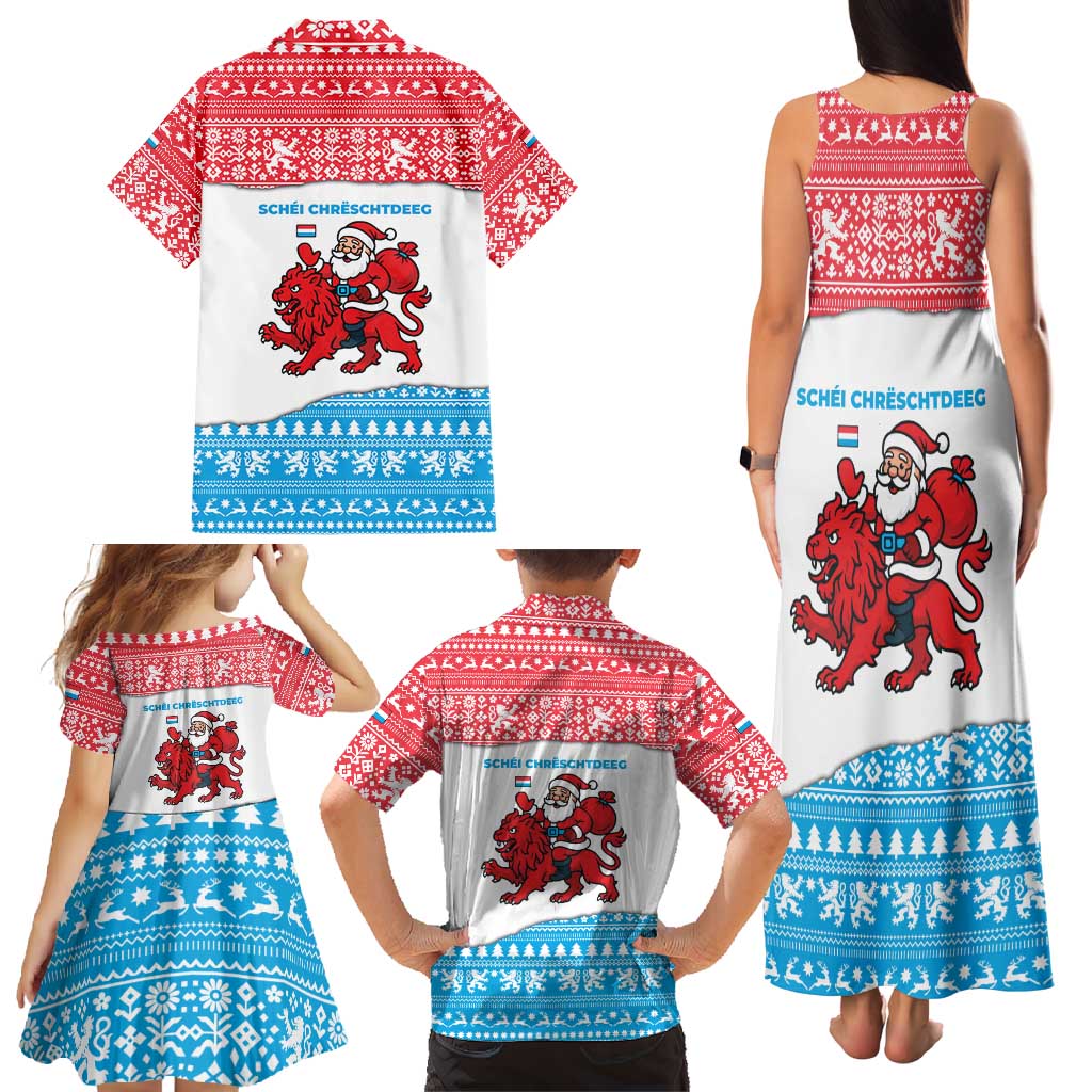 Luxembourg Christmas Family Matching Tank Maxi Dress and Hawaiian Shirt with Santa Claus Red Lion Snowflake Pattern and National Flag Design - Wonder Print Shop