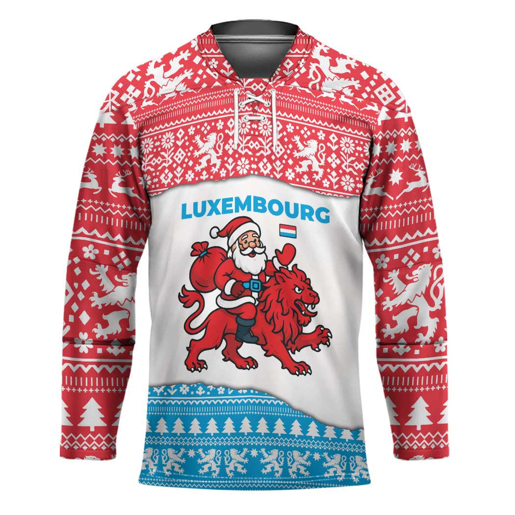 Luxembourg Christmas Hockey Jersey with Santa Claus Red Lion Snowflake Pattern and National Flag Design - Wonder Print Shop