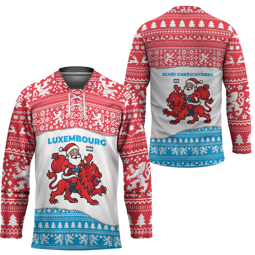 Luxembourg Christmas Hockey Jersey with Santa Claus Red Lion Snowflake Pattern and National Flag Design - Wonder Print Shop