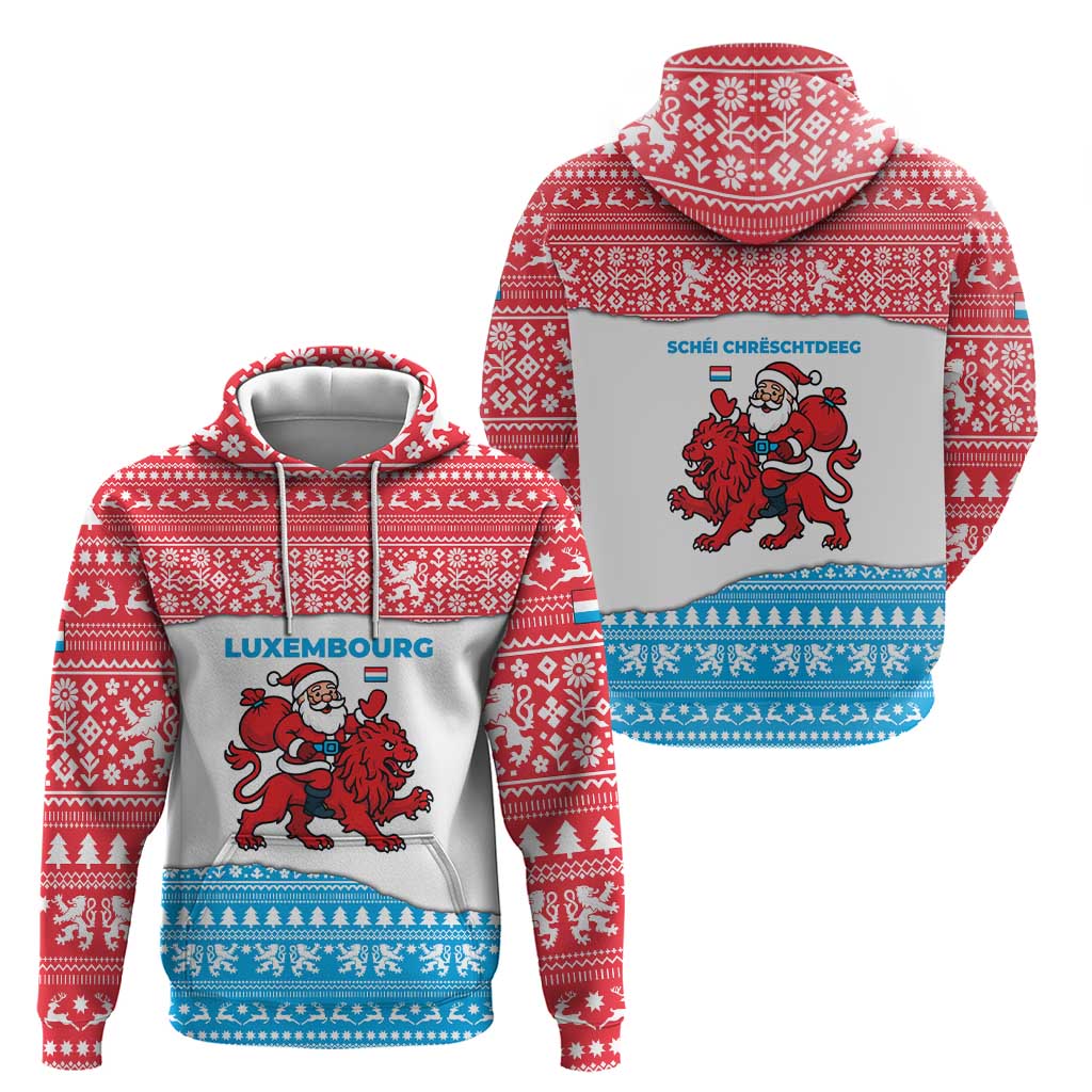 Luxembourg Christmas Hoodie with Santa Claus Red Lion Snowflake Pattern and National Flag Design - Wonder Print Shop