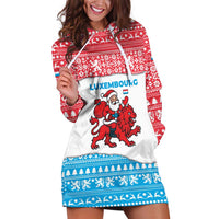 Luxembourg Christmas Hoodie Dress with Santa Claus Red Lion Snowflake Pattern and National Flag Design - Wonder Print Shop