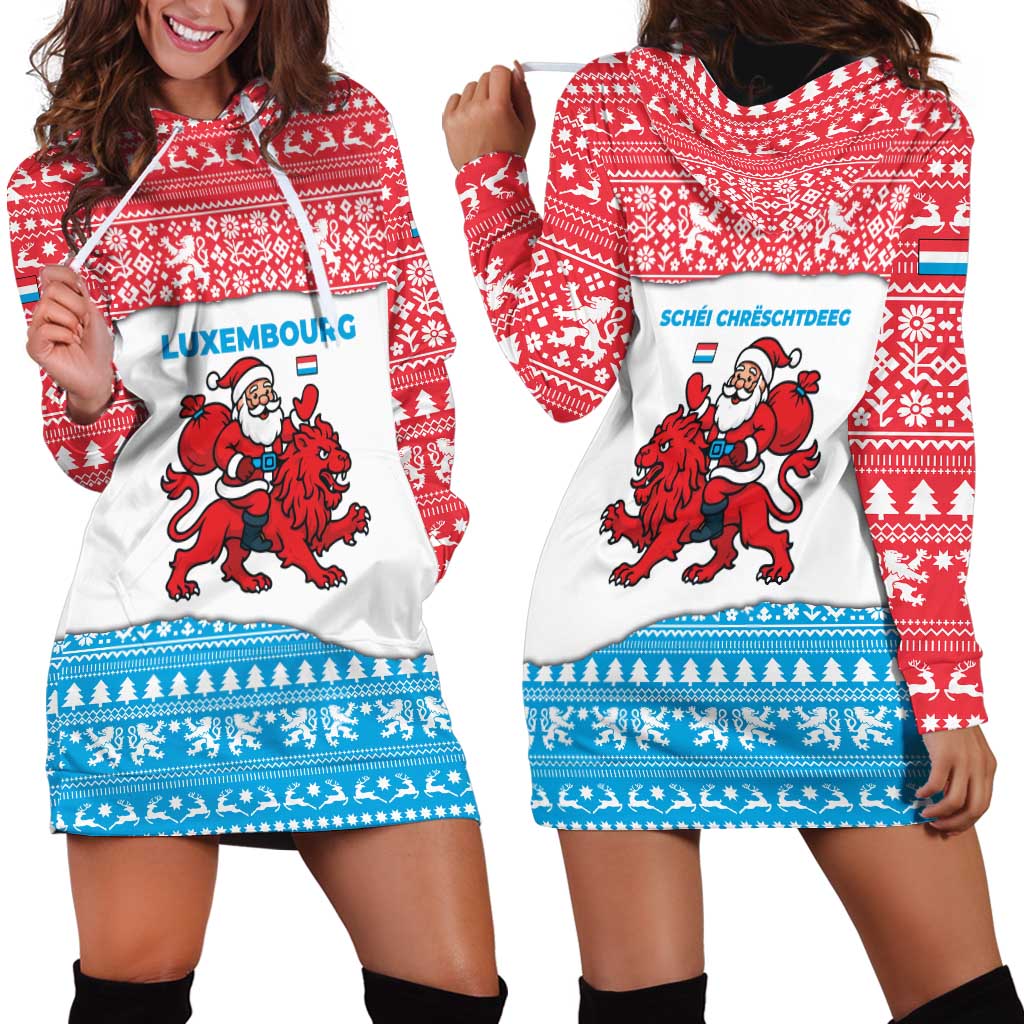 Luxembourg Christmas Hoodie Dress with Santa Claus Red Lion Snowflake Pattern and National Flag Design - Wonder Print Shop