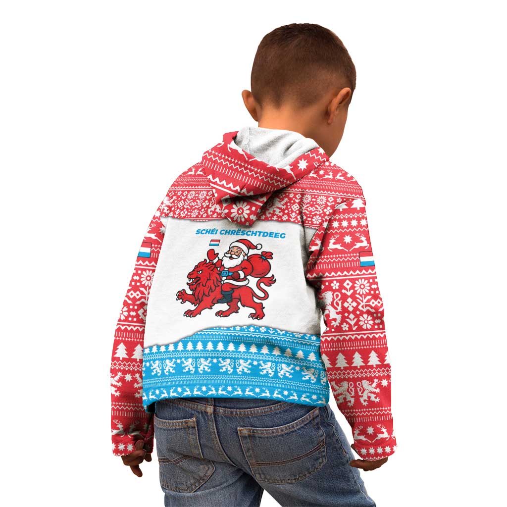 Luxembourg Christmas Kid Hoodie with Santa Claus Red Lion Snowflake Pattern and National Flag Design - Wonder Print Shop