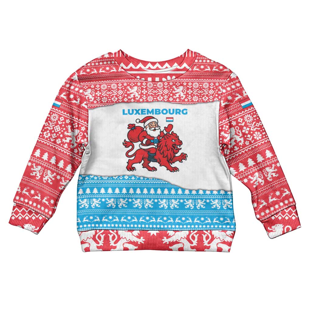 Luxembourg Christmas Kid Ugly Christmas Sweater with Santa Claus Red Lion Snowflake Pattern and National Flag Design - Wonder Print Shop