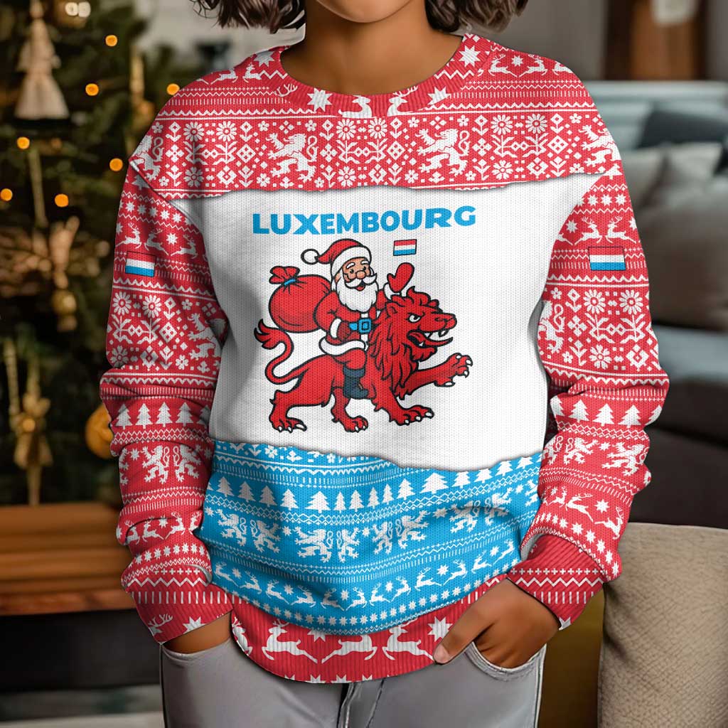 Luxembourg Christmas Kid Ugly Christmas Sweater with Santa Claus Red Lion Snowflake Pattern and National Flag Design - Wonder Print Shop