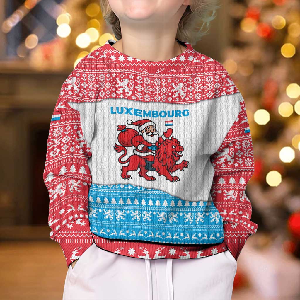 Luxembourg Christmas Kid Ugly Christmas Sweater with Santa Claus Red Lion Snowflake Pattern and National Flag Design - Wonder Print Shop
