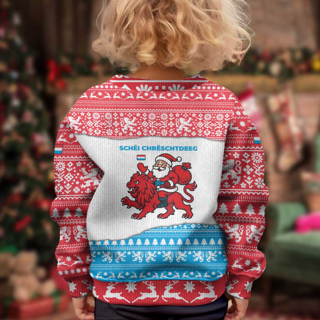 Luxembourg Christmas Kid Ugly Christmas Sweater with Santa Claus Red Lion Snowflake Pattern and National Flag Design - Wonder Print Shop