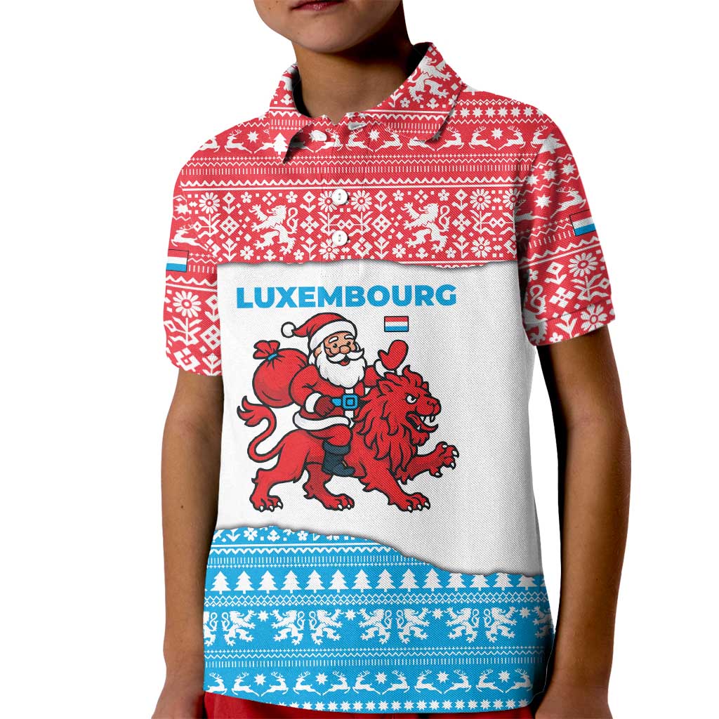 Luxembourg Christmas Kid Polo Shirt with Santa Claus Red Lion Snowflake Pattern and National Flag Design - Wonder Print Shop
