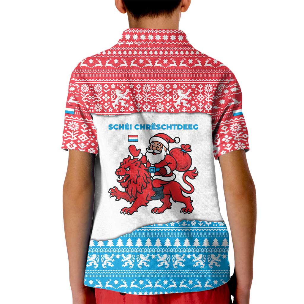 Luxembourg Christmas Kid Polo Shirt with Santa Claus Red Lion Snowflake Pattern and National Flag Design - Wonder Print Shop